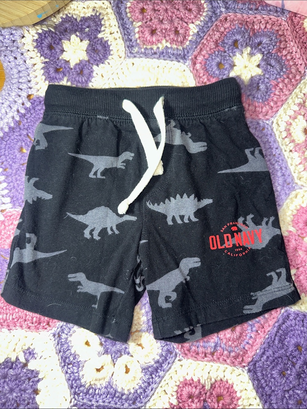 Old Navy Black Shorts with Gray Dino Print and White Drawstring B331